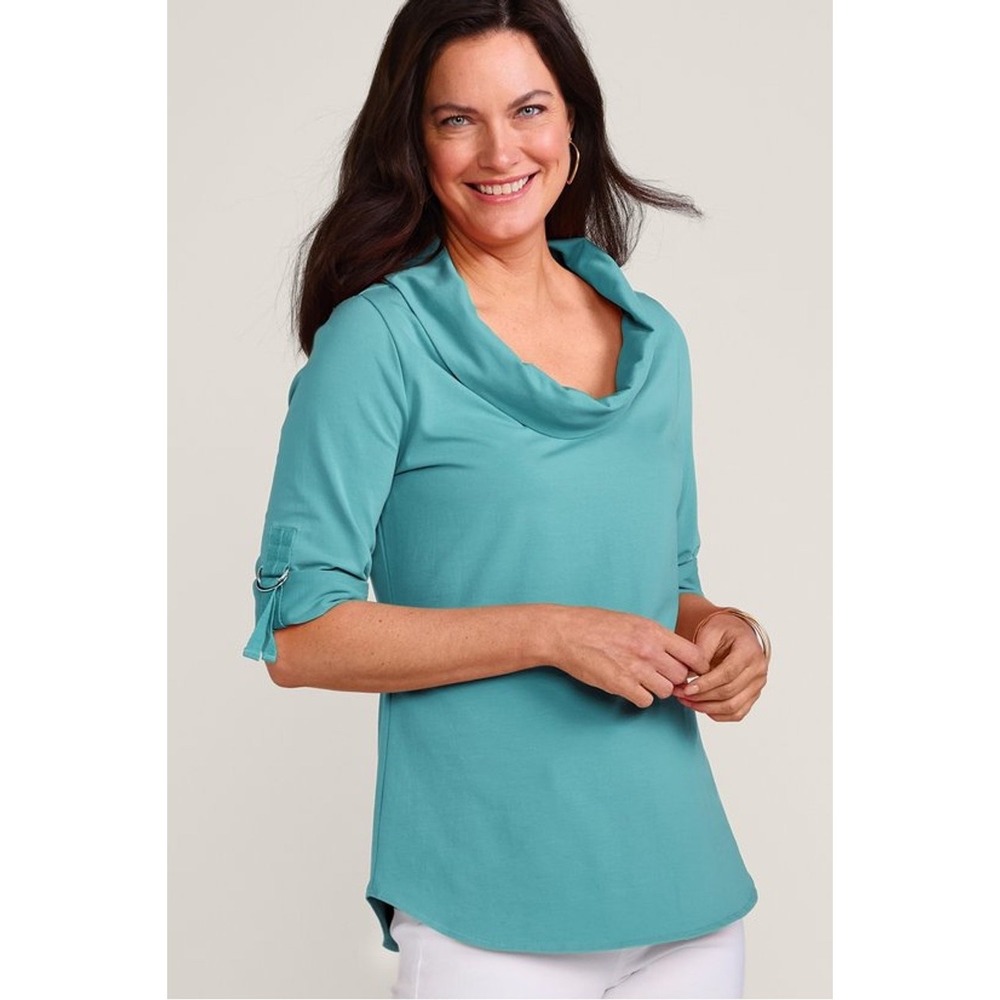 Soft Surroundings Madison Cowl Neck Top Womens XL Aqua 3/4 Roll-Tab Sleeve